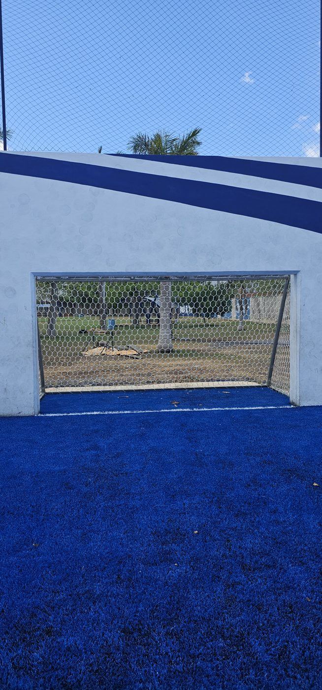 Portería empotrada en muro con red hexagonal blanca en una cancha de pasto azul