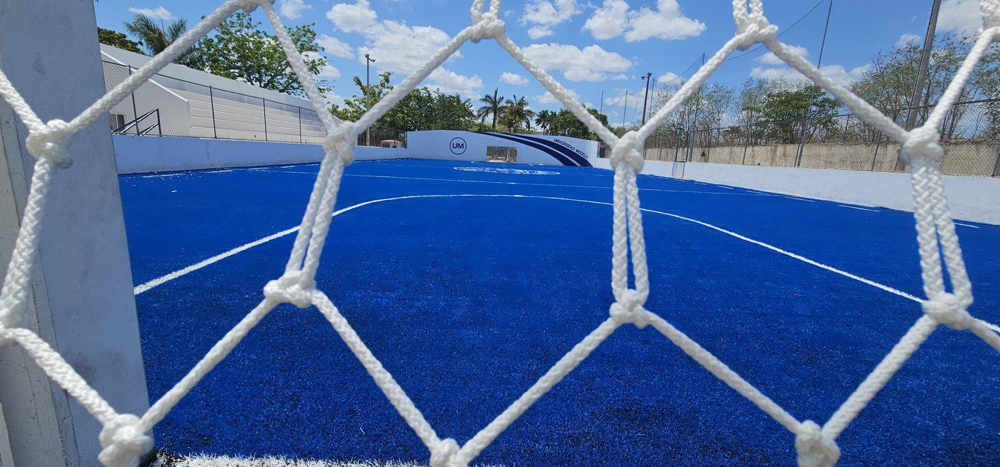 Red hexagonal blanca de portería de fútbol sobre una cancha de pasto azul