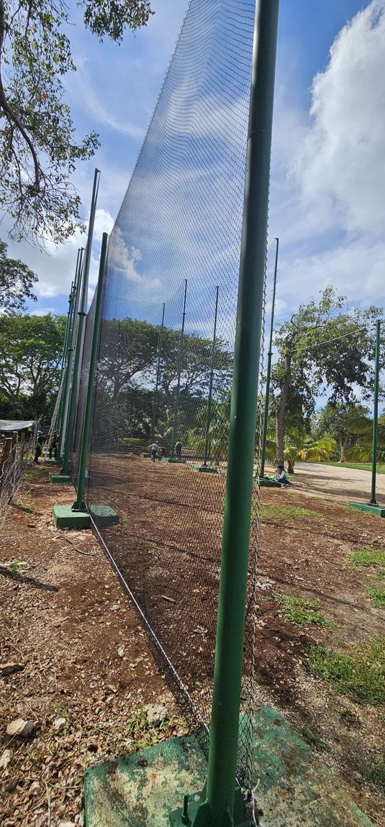 Red perimetral con postes verdes para delimitar un campo deportivo